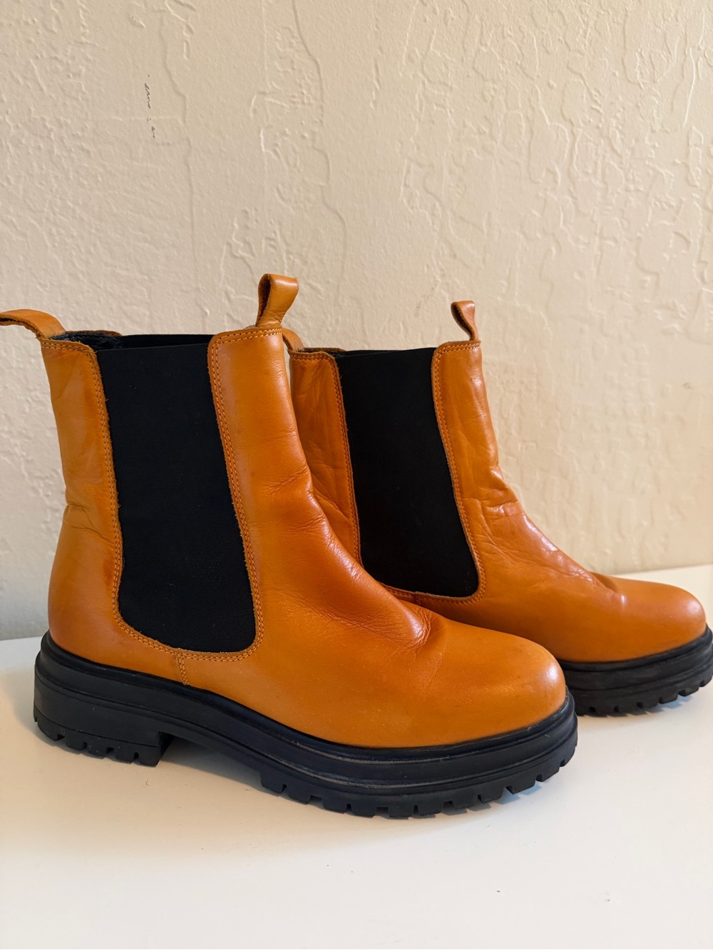 Miz Mooz Ochre Leather Lizette Chelsea Lug Booties with Black Elastic